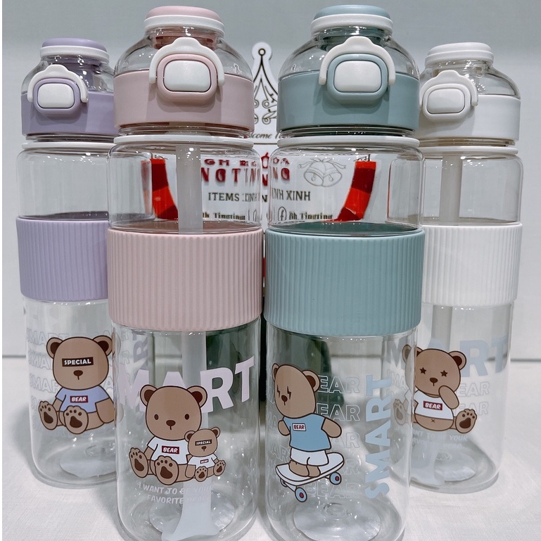 Bình nước nhựa 1100ml có ống hút họa tiết gấu đáng yêu màu sắc nhẹ nhàng, Bình đựng nước cute kèm sticker 2D _TingTing