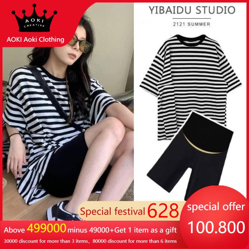 Zhenghan summer maternity clothes short T stripe mid length loose short sleeve slim t-shirt women's top cotton contrast stripe collar short sleeve top tight belly two-piece pants wholesale price【Aoki112】