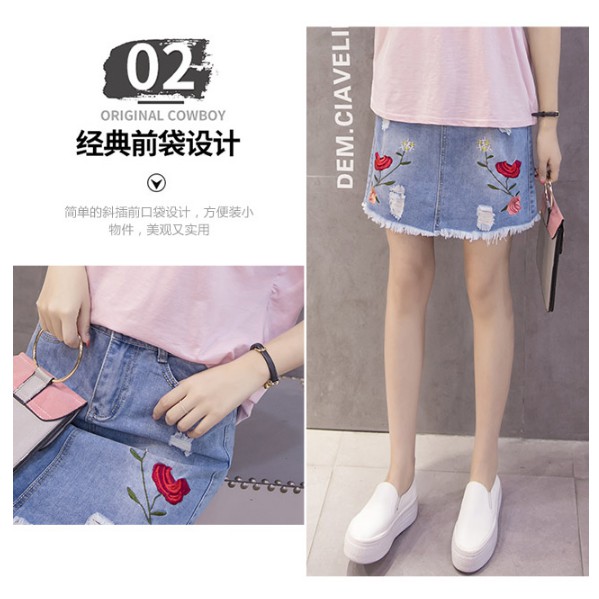 Chân váy jean thêu hoa QC