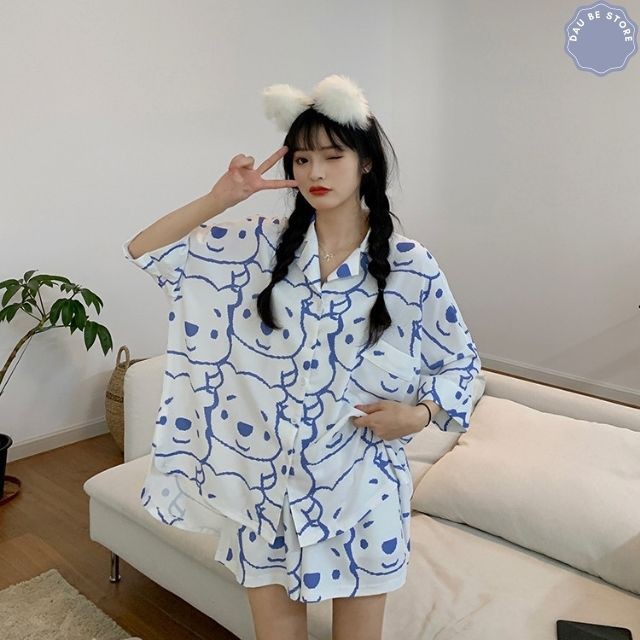 Bộ Ngủ Hình Gấu Trắng Ulzzang Cute Form Rộng - Pijama Hè Bộ Mặc Nhà Ngắn Tay Hot Trend - DAUBE - S007