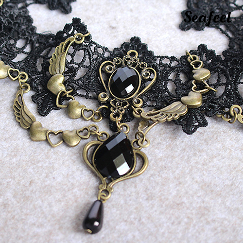 SF Vòng Cổ Choker Ren Hoa Đính Đá Hình Giọt Nước Phong Cách Gothic Cho Nữ