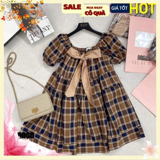 V215 váy kẻ trễ vai babydoll cho nữ