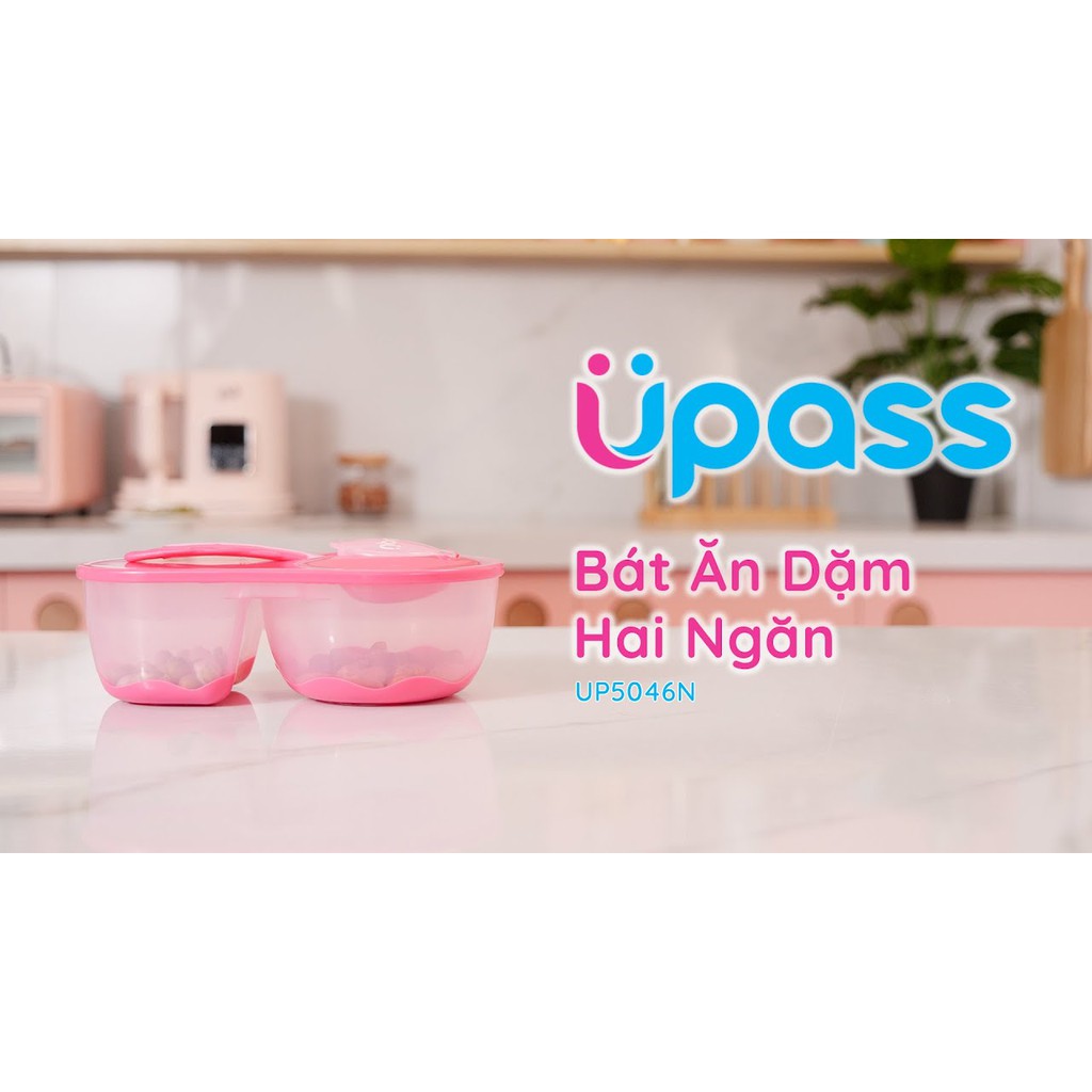 Bát ăn dặm chống trượt 2 ngăn và thìa ăn dặm có nắp đậy nhựa an toàn Upass Thái Lan up5046n