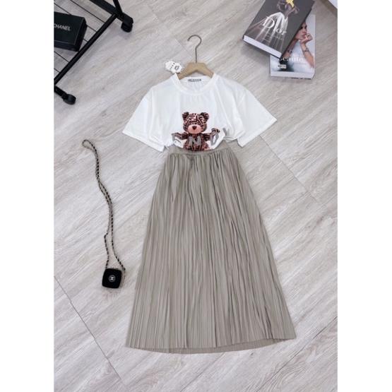 [ 𝐅𝐑𝐄𝐄 𝐒𝐇𝐈𝐏 ] SET ÁO PHÔNG GẤU MIX CHÂN VÁY DẬP LY DÁNG DÀI SIÊU XINH