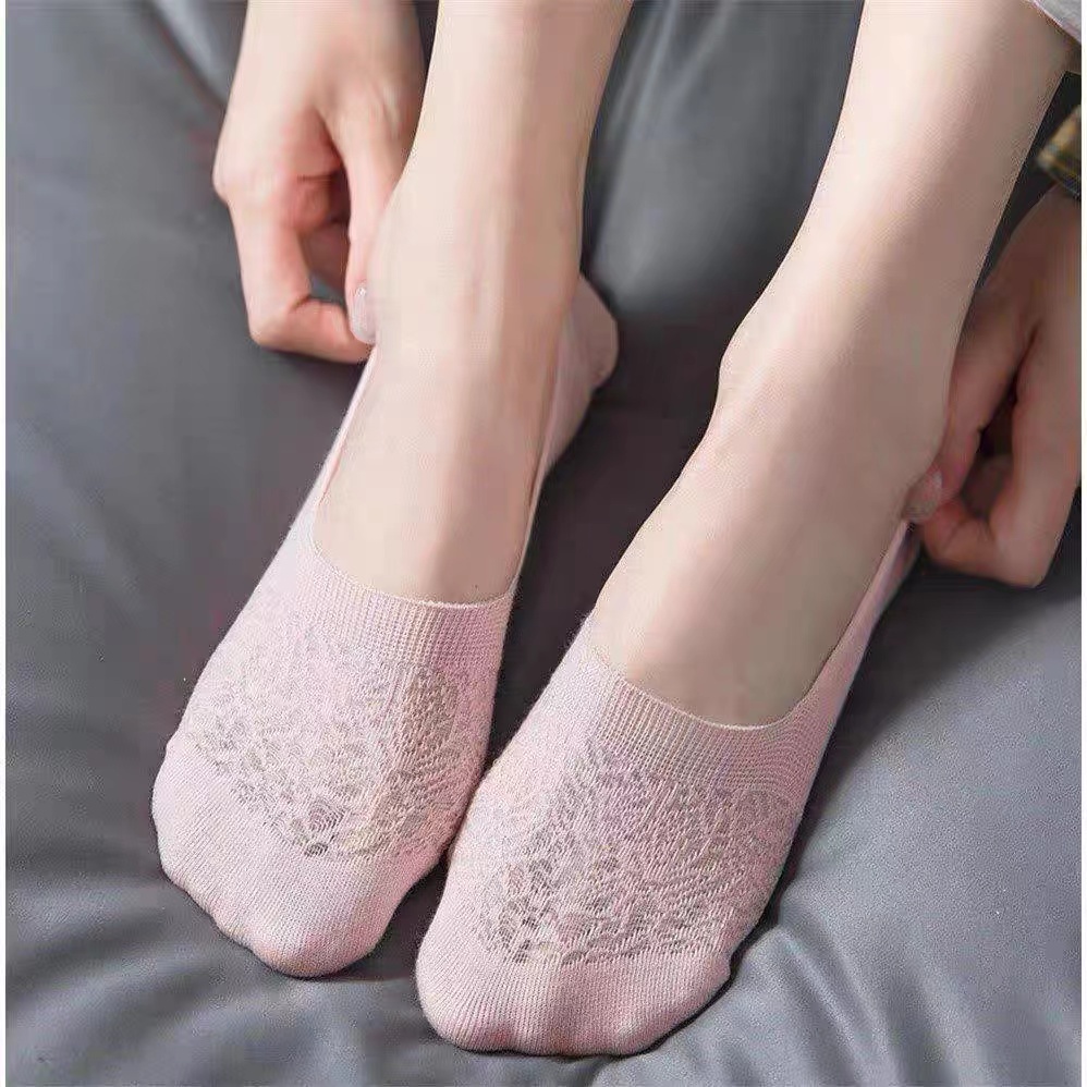 Vớ cổ thấp màu trơn chất liệu cotton silicon chống trượt phối lưới thời trang cho nữ