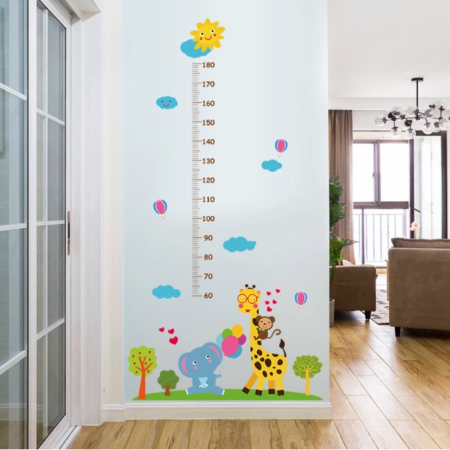 Decal trang trí tường - Thước đo hươu và mặt trời