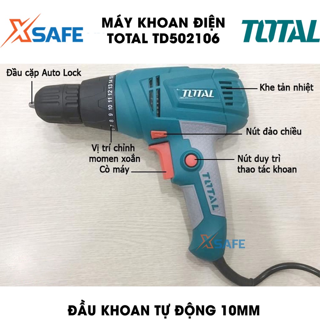 Máy khoan điện cầm tay TOTAL TD502106 280W tốc độ 750rpm, khả năng khoan 10mm, đầu khoan tự động 10mm - xsafe