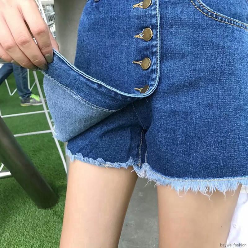 [Baywellfashion]Quần sọt Denim lưng cao phối nút thiết kế dáng chữ A thanh lịch | BigBuy360 - bigbuy360.vn