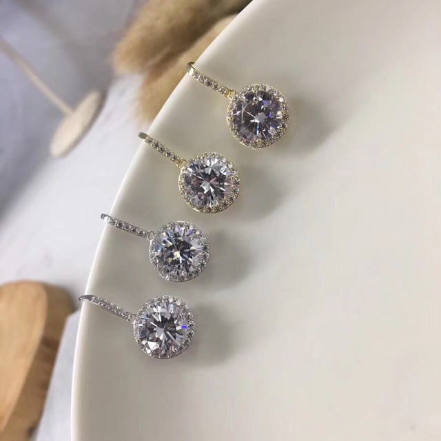 Khuyên tai móc treo đá 9-10ly nhân tạo viền đá nhỏ bạc thật mạ vàng trắng cao cấp sắc nét