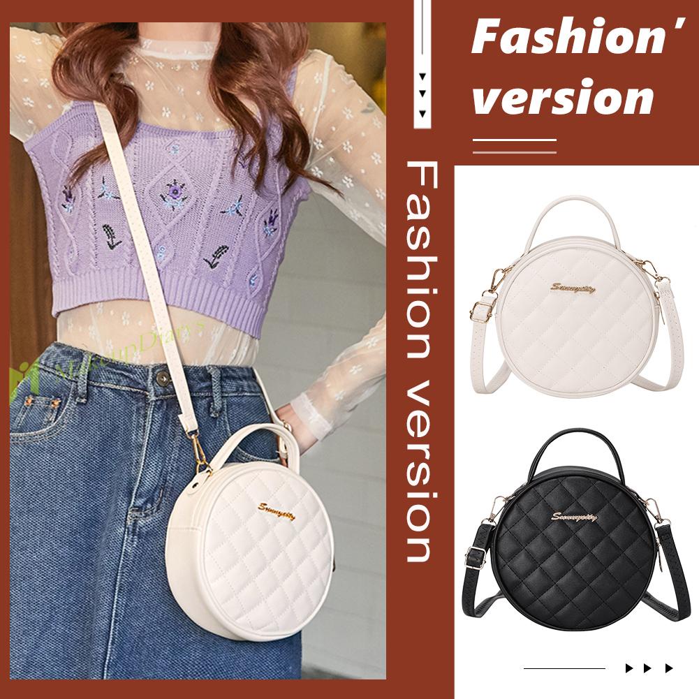 Túi xách da PU hình tròn mini màu trơn họa tiết lưới thời trang cho nữ