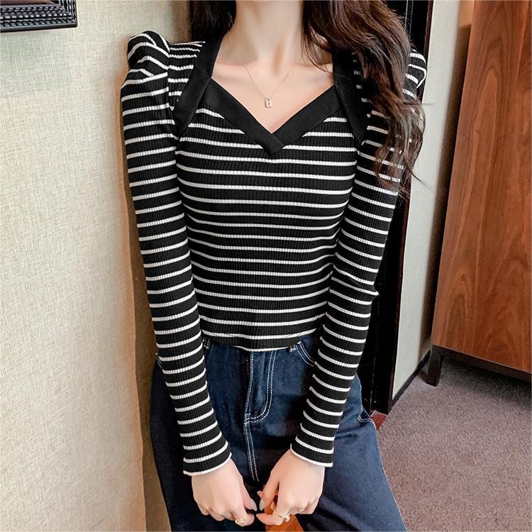 Áo len tay phồng ZHELIHANGFEI họa tiết kẻ sọc dáng ôm quyến rũ