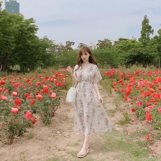 [ORDER] Đầm maxi voan hoa cổ V tay cánh tiên thun eo D145