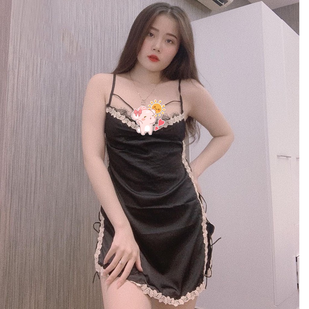 Bán sỉ_ Váy ngủ lụa sexy đan dây hông  , đầm ngủ lụa phối ren sexy gọi cảm SP080