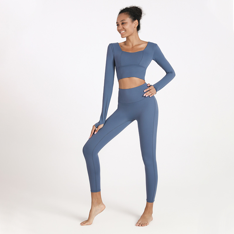 ForFitness Long Sleeve Yoga Suit Sanding Solid Color Ankle-length Pants Quick-drying Sports Suit Women's Autumn Two-piece Suit
