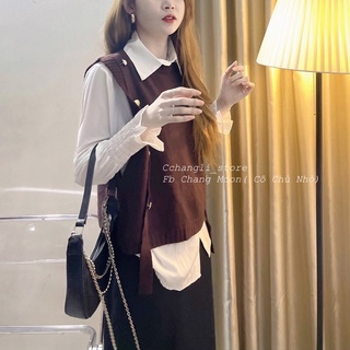 Áo gile len cúc phối sơ mi( ảnh shop chụp)
