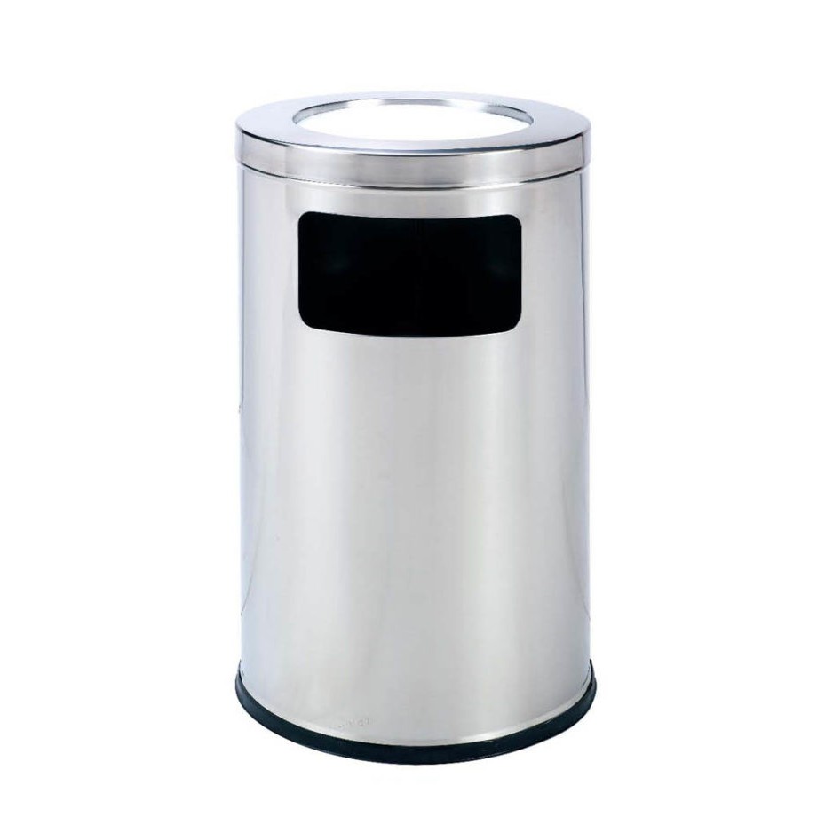 Thùng rác Inox tròn có gạt tàn thuốc lá, Thùng rác gạt tàn Inox dạng tròn, Thùng rác Inox trắng, B-073