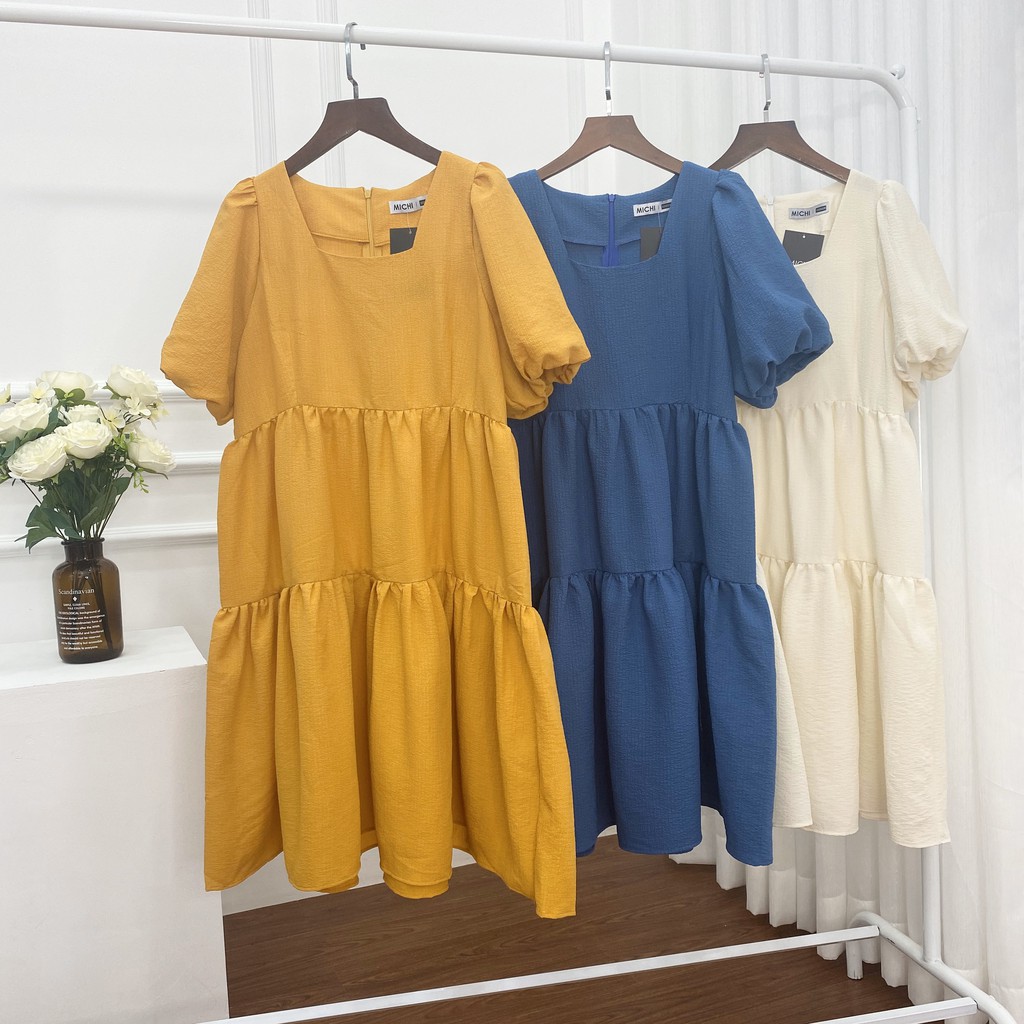 Váy baybydoll 2 tầng, cổ vuông,  tay bo phồng, đầm xuông rộng freesize 3 màu mã V176 - Michi's House | BigBuy360 - bigbuy360.vn