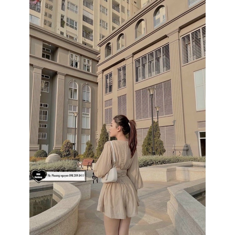 JUMSUIT CỔ V BO EO XẾP LY