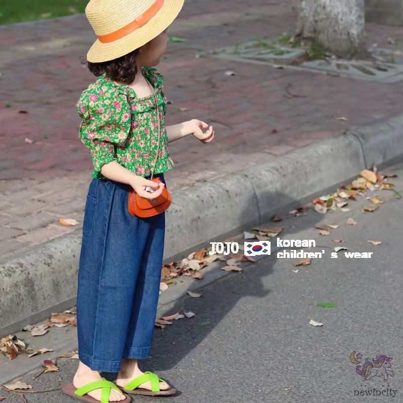 Bộ Áo In Hoa + Quần Denim Thời Trang Cá Tính Kiểu Hàn Quốc Cho Bé Gái