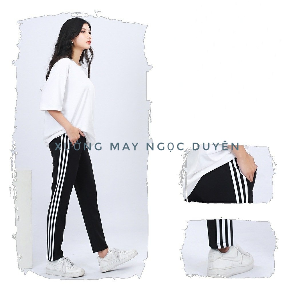 Quần thể thao nữ đen dài 3 viền sọc trắng vải Umi ống baggy bo gấu - Quần jogger thun nỉ có túi dây rút đi học thể dục