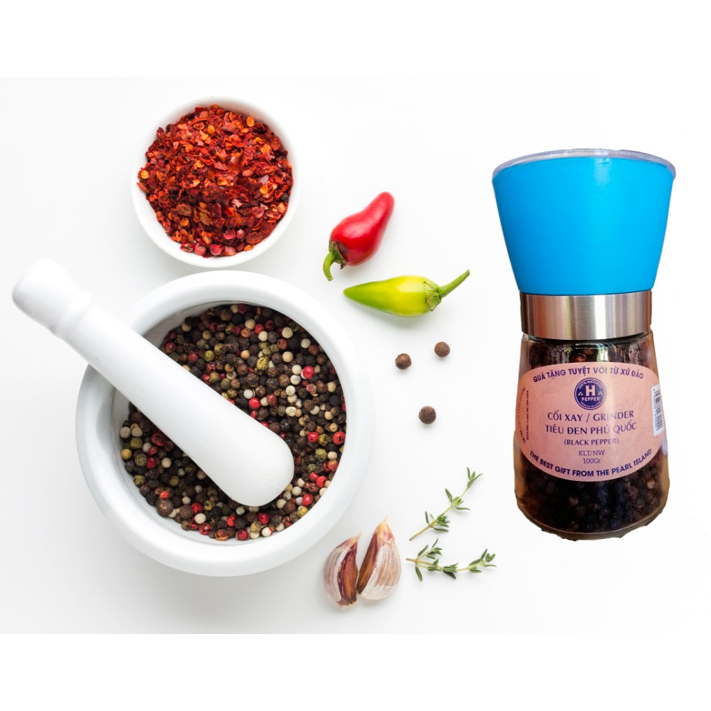 Tiêu đen Phú Quốc H PEPPER 100g + Cối xay tiêu cầm tay thủy tinh