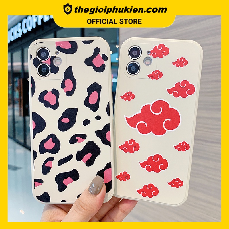 Ốp lưng iphone cạnh vuông Hoa văn da báo hồng và mây đỏ dành cho iphone 6 đến 14promax - E216