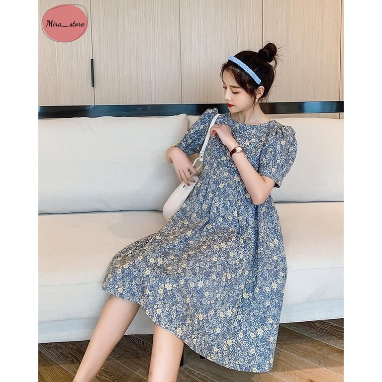 Đầm Bầu BaBydoll hoa xanh tay bồng