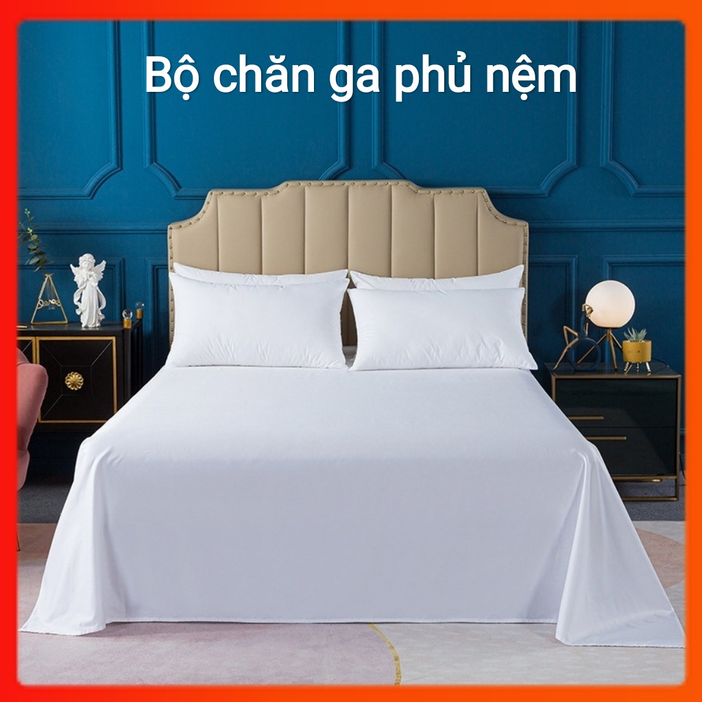 Bộ chăn ga gối cotton, drap giường màu trắng khách sạn, vải cao cấp 100%, không xù lông