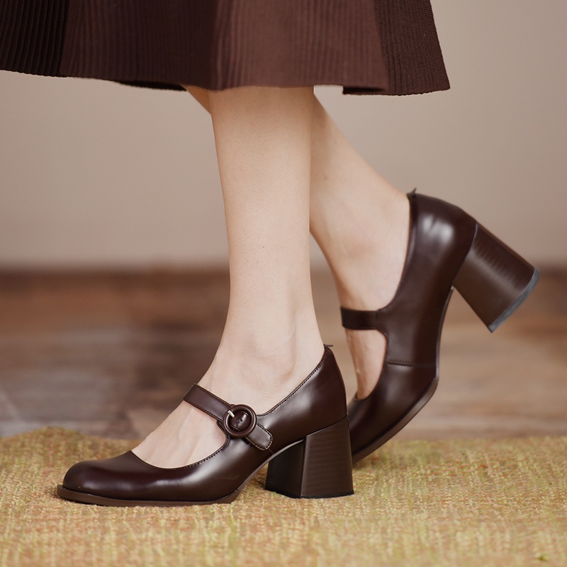 Giày Cao Gót Da Đế Dày Mũi Tròn Màu Nâu/Đen Cho Nữ