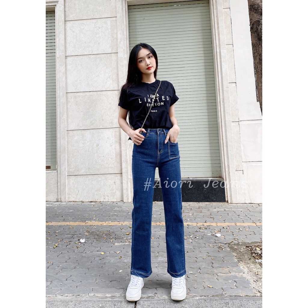 Quần Jeans Nữ AIORI Ống Suông Đứng Nắp Túi Dáng dài chất bò jean cao cấp co giãn mềm mịn Mã E002