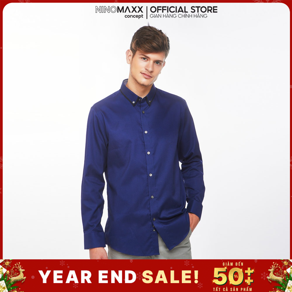 N&M Áo Sơ Mi Nam tay dài màu xanh đậm 100% cotton 1902020