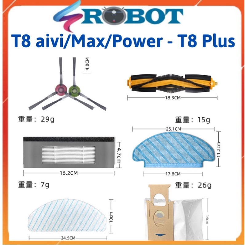 Phụ kiện Robot Ecovacs Deebot T8 aivi, T8max, N8 Pro, Khăn Lau, Chổi Cạnh, Bộ Lọc Hepa, Chổi Lăn Chính,Túi Đựng Bụi