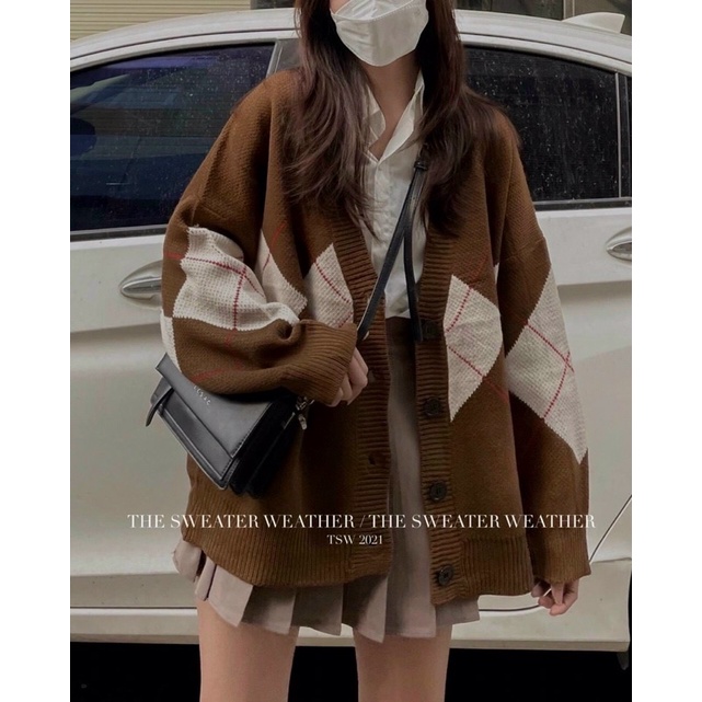 Cardigan hàn quốc phối caro form rộng