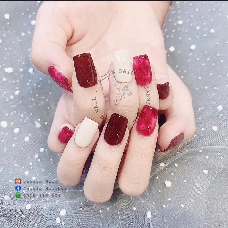[Mã NHUQAD giảm 10% đơn 100k] [NAILBOX] móng úp thiết kế sẵn mẫu đỏ cherry loang màu