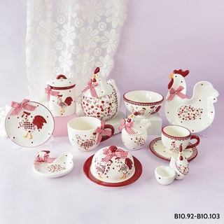 BST gà nơ đỏ - gồm bát đĩa sứ, các phụ kiện bàn ăn như hũ đường, úp bánh, lọ hoa dễ thuơng