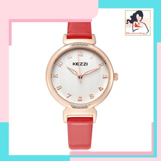 Đồng hồ nữ kezzi mặt tròn viền đính đá 2 đầu quai da trơn bóng K1420