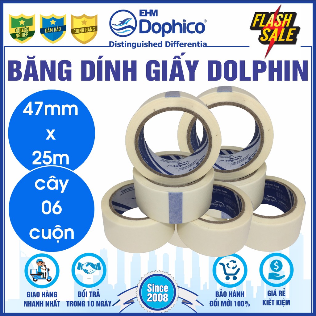 Băng dính giấy Dolphin (47mm*25Y) dán viết ghi chú, kẻ chỉ sơn tường, cố định tranh vẽ, chặn màu nước