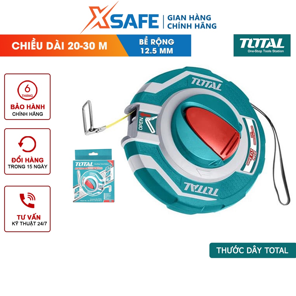 Thước dây cuộn sợi thủy tinh TOTAL 20-30mx12.5mm, thước cuốn đa năng vỏ nhựa ABS bọc cao su siêu bền, tốc độ cuốn nhanh