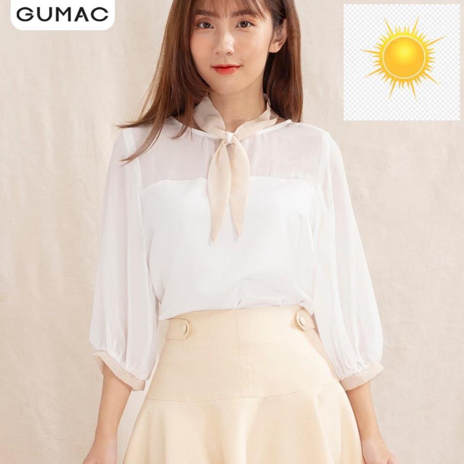 Áo sơ mi nữ phối dây nơ be AA1031 GUMAC