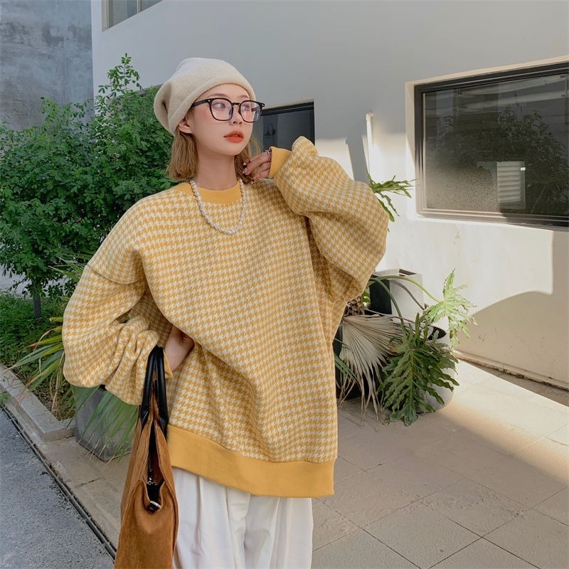Áo sweater dài vừa họa tiết Houndstooth lót nhung thời trang thu đông phong cách cho nữ
