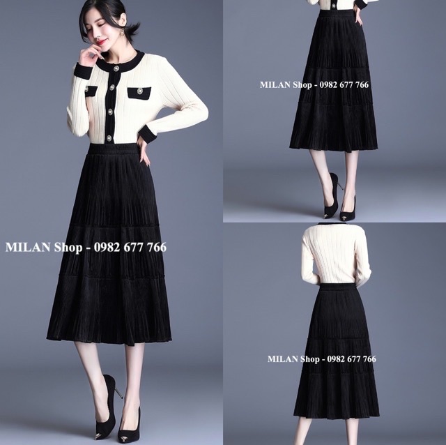 Chân váy nhung xoè dập ly midi 2 chất mới