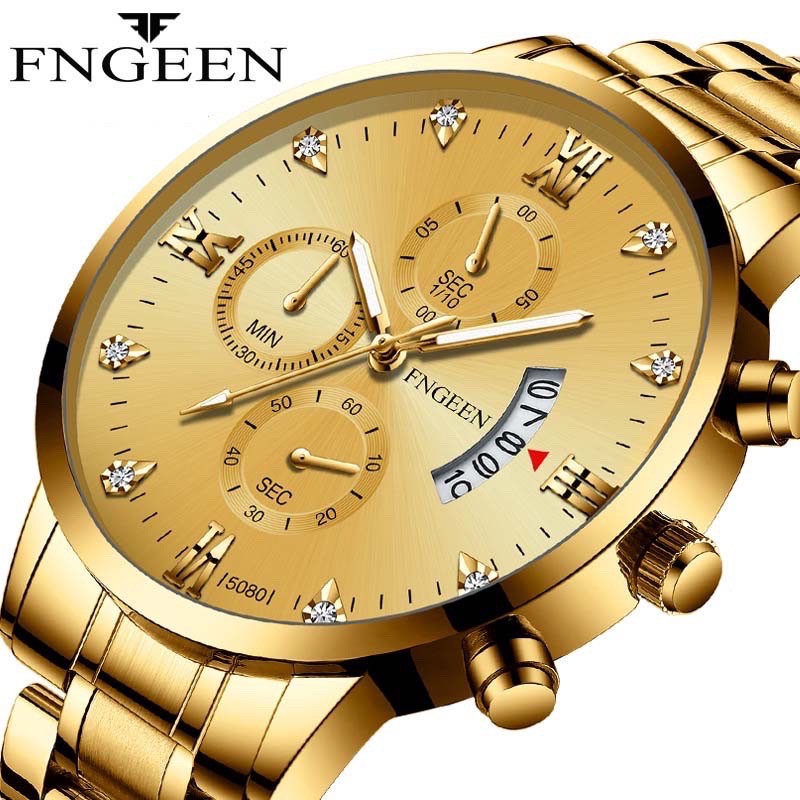 Đồng hồ nam FNGEEN F508 mặt số đính đá lịch ngày sang trọng đẳng cấp chống thấm nước dây thép không gỉ cao cấp