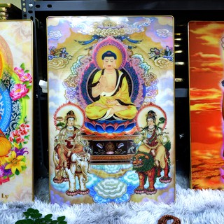 Tranh Hoa Nghiêm Tam Thánh 40x60cm bằng gỗ tráng gương mica viền vàng đồng cao cấp sang-xịn-mịn