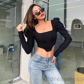 Áo Croptop Tay Phồng Cổ Vuông Màu Trơn Thiết Kế Cho Nữ
