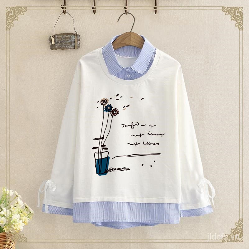 Áo thun tay dài giả hai mảnh thời trang mùa thu cho nữ 12-15 tuổi