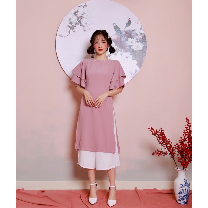 ÁO DÀI TẾT - PINK PEARL AODAI - ÁO DÀI CÁCH TÂN HỒNG PHẤN TAY LOE