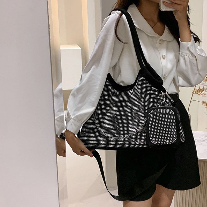 Ielgy Net Túi Xách Đeo Vai Sức Chứa Lớn Đính Kim Cương Toàn Diện Dễ Phối Đồ Cho Nữ