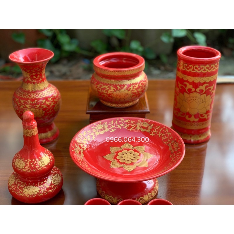 Bộ Đồ Thờ Thần Tài Màu Đỏ, Đồ Thờ Gia Tiên- Set Đồ Thờ Cúng Màu Đỏ Gấm Cao Cấp