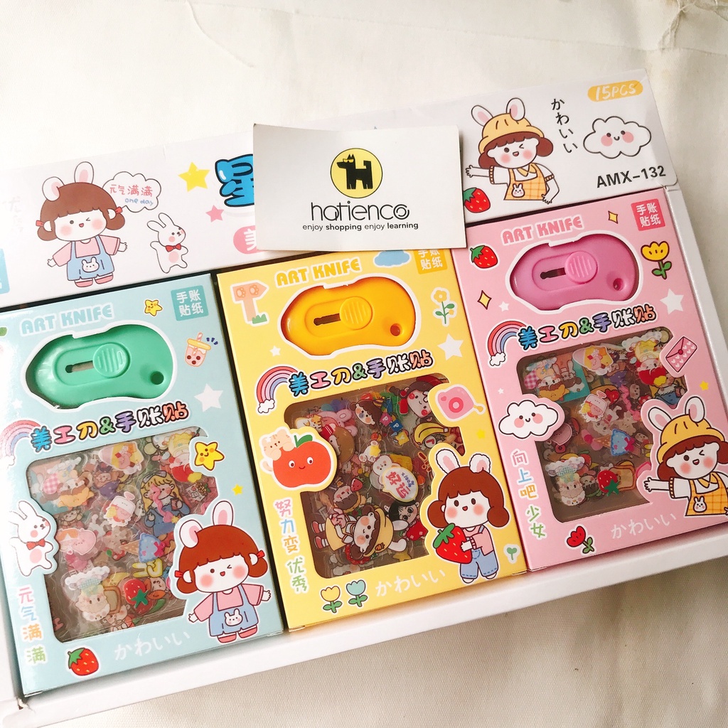 Hộp sticker cute kèm dao rọc giấy