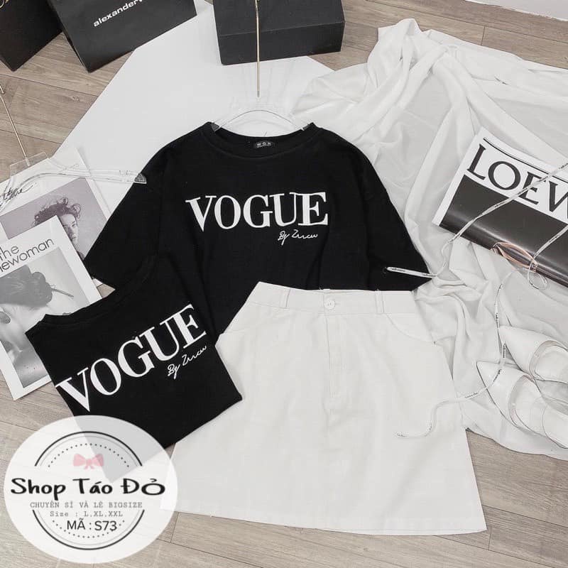 (TÁO ĐỎ BIGSIZE 55-90KG) Set Áo Thun Cotton ĐEN In Nhiệt + Kèm Chân Váy Chữ A Trắng Sang Chảnh S73 🍎🍎🍎